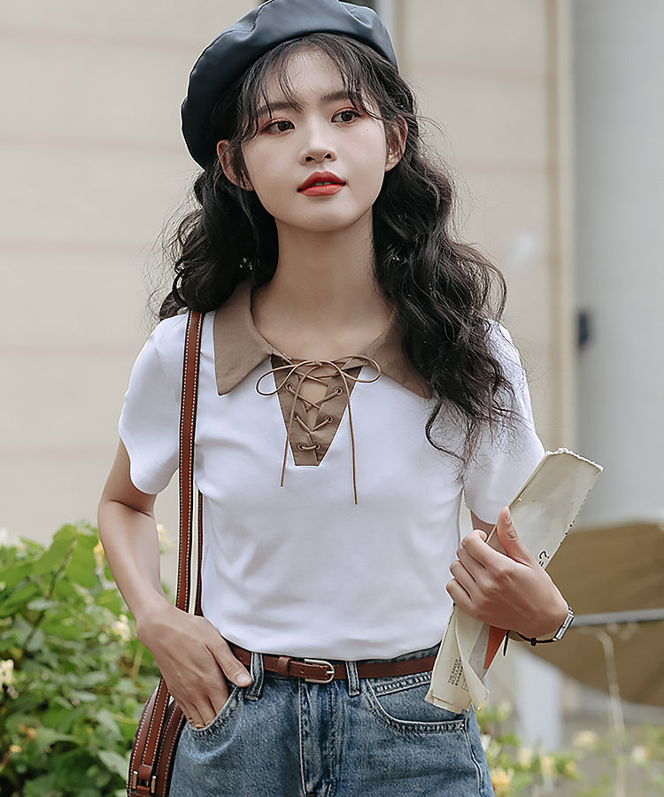 レースアップバイカラーカジュアルシャツ 6