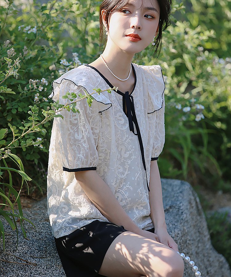 フロントリボンショルダーフリルレースシアートップス 2