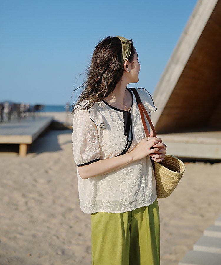 フロントリボンショルダーフリルレースシアートップス 10