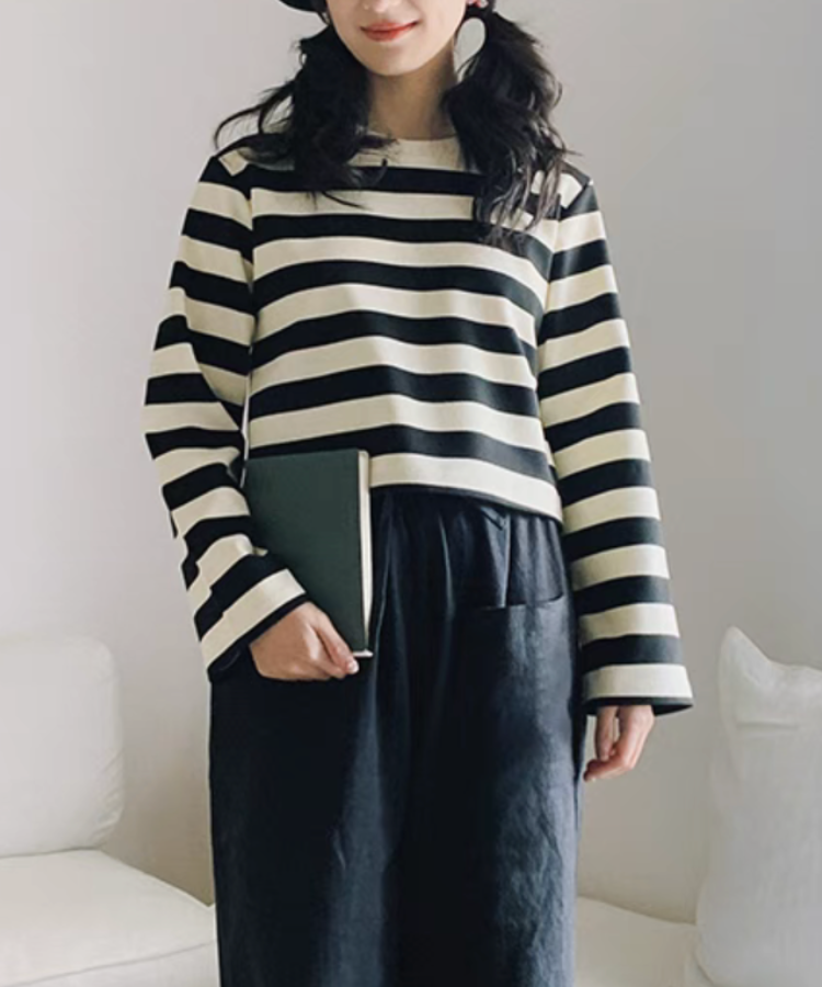 ラウンドネックワイドボーダーショートトップス