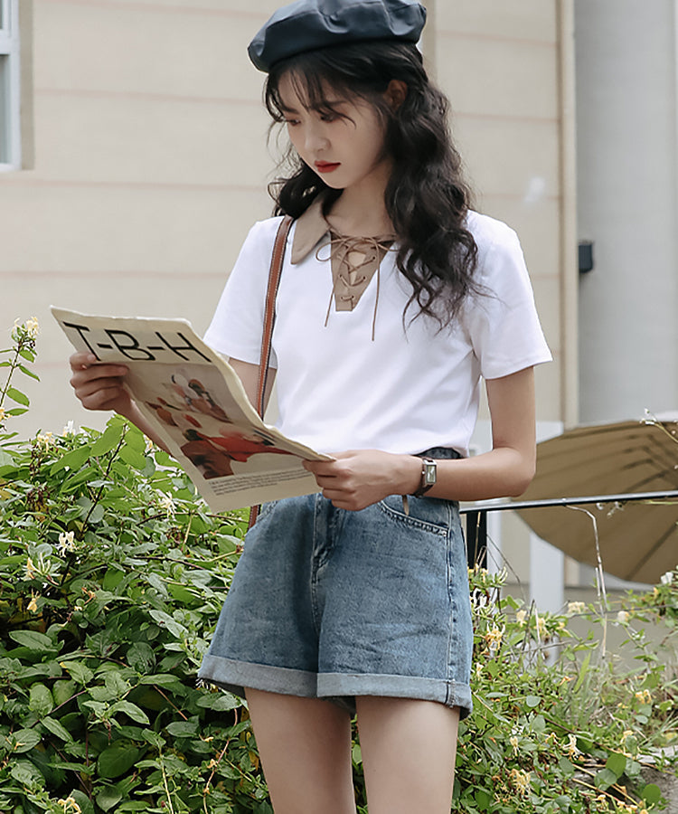 レースアップバイカラーカジュアルシャツ 11