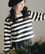 ラウンドネックワイドボーダーショートトップス