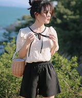 フロントリボンショルダーフリルレースシアートップス 11