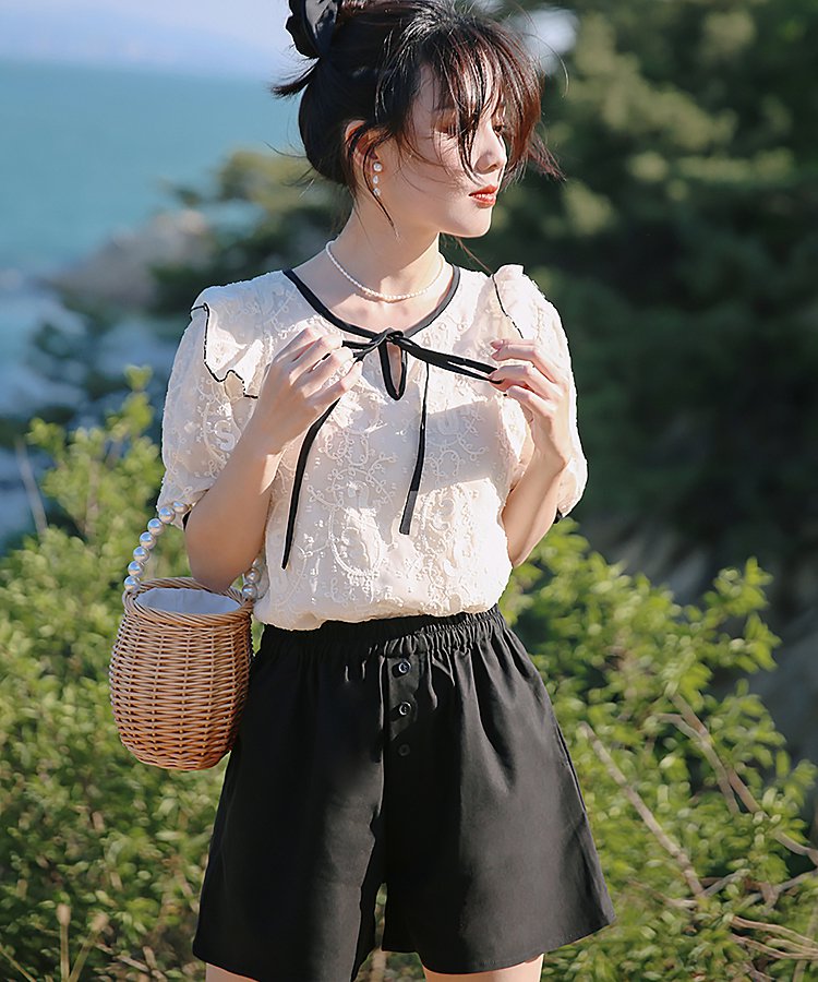 フロントリボンショルダーフリルレースシアートップス 11