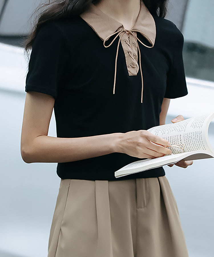 レースアップバイカラーカジュアルシャツ 12