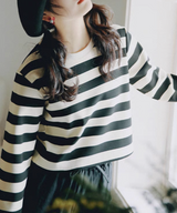 ラウンドネックワイドボーダーショートトップス