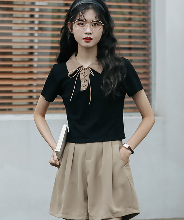 レースアップバイカラーカジュアルシャツ 13