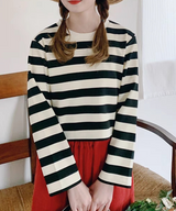 ラウンドネックワイドボーダーショートトップス