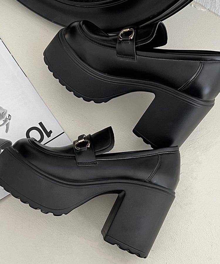 スクエアトゥチャンキーヒールビットロゴローファー14