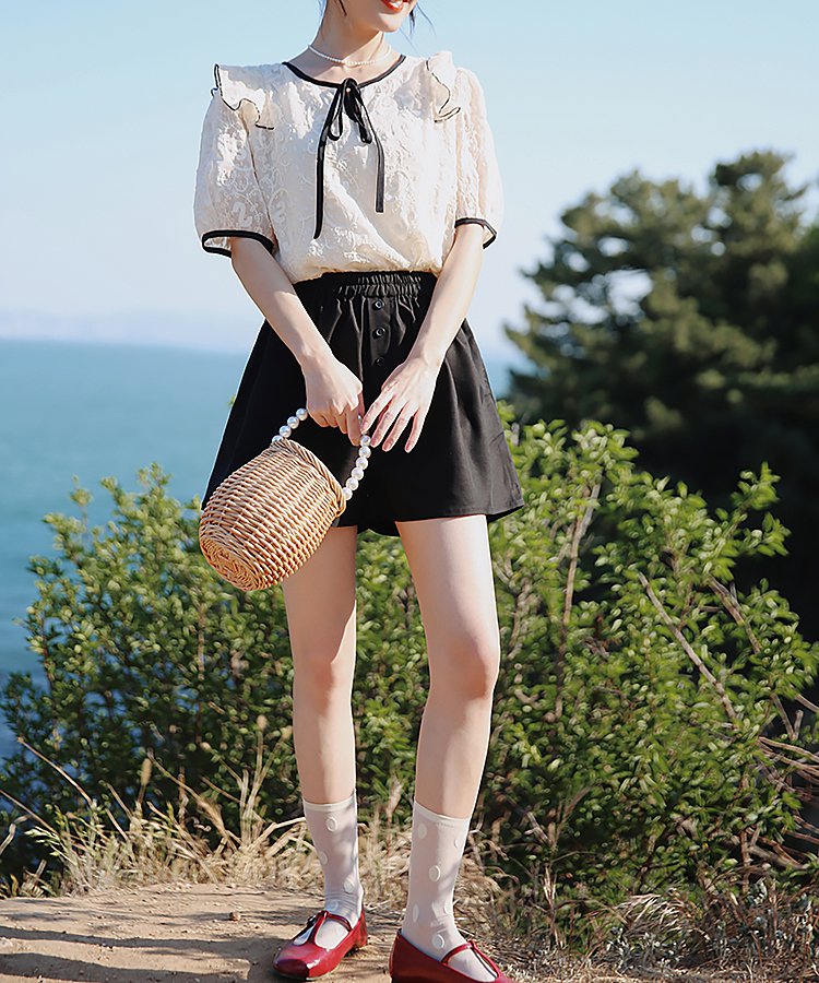 フロントリボンショルダーフリルレースシアートップス 14