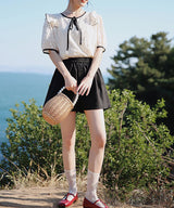 フロントリボンショルダーフリルレースシアートップス 14