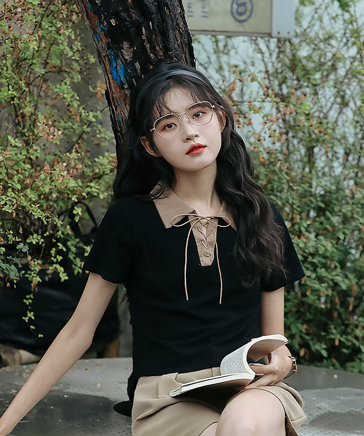 レースアップバイカラーカジュアルシャツ 15