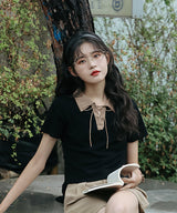 レースアップバイカラーカジュアルシャツ 15