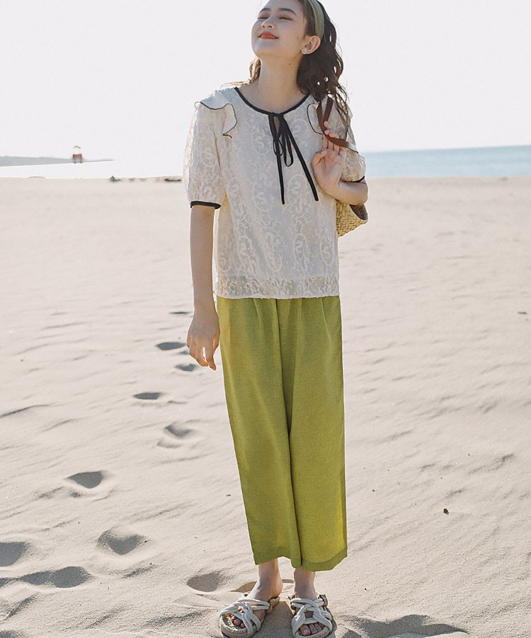 フロントリボンショルダーフリルレースシアートップス 15