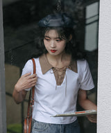 レースアップバイカラーカジュアルシャツ 16