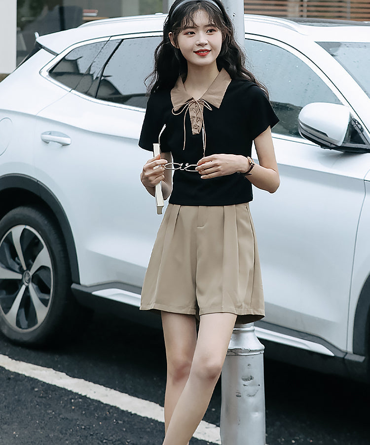 レースアップバイカラーカジュアルシャツ 17