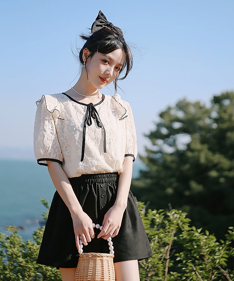 フロントリボンショルダーフリルレースシアートップス 18