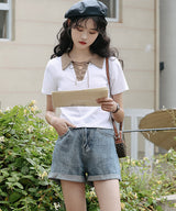 レースアップバイカラーカジュアルシャツ 19