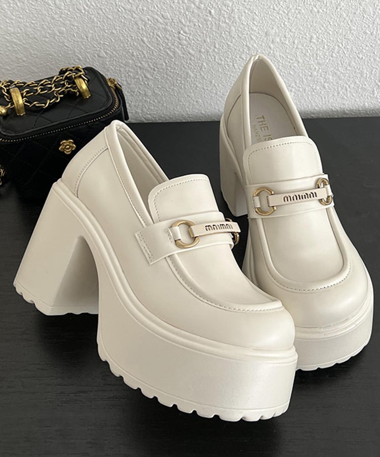 スクエアトゥチャンキーヒールビットロゴローファー19