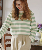 ラウンドネックワイドボーダーショートトップス