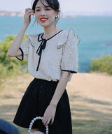 フロントリボンショルダーフリルレースシアートップス 1