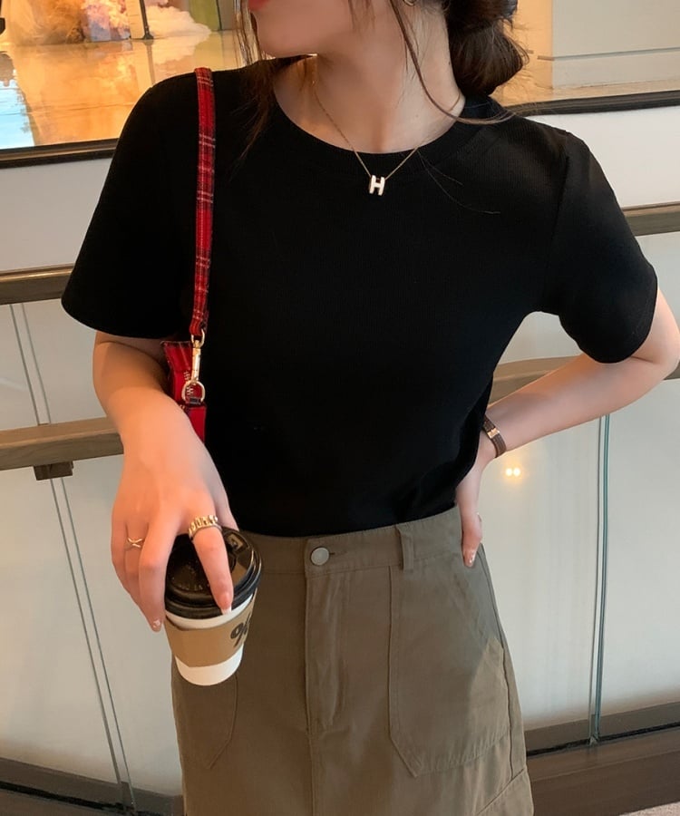 マルチカラークルーネックベーシックリブTシャツ1