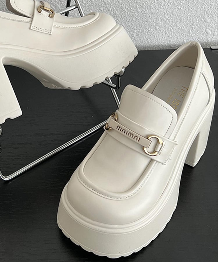 スクエアトゥチャンキーヒールビットロゴローファー20