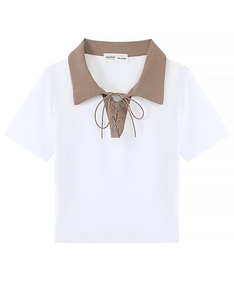 レースアップバイカラーカジュアルシャツ 22