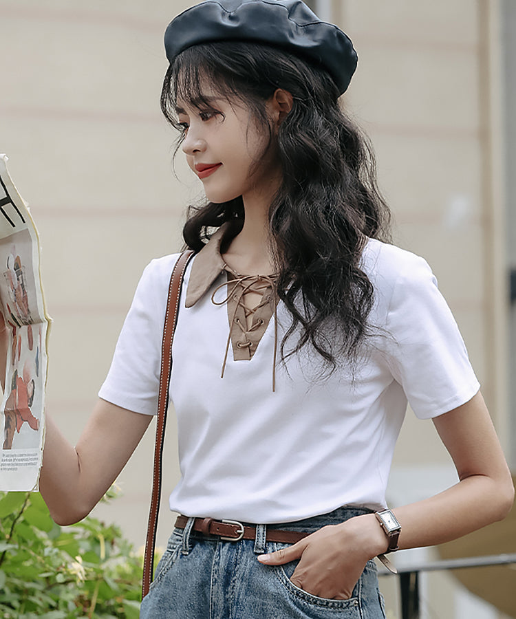 レースアップバイカラーカジュアルシャツ 2