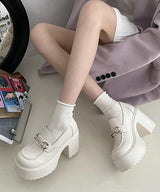 スクエアトゥチャンキーヒールビットロゴローファー2