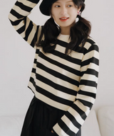 ラウンドネックワイドボーダーショートトップス