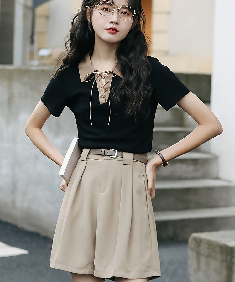 レースアップバイカラーカジュアルシャツ 3