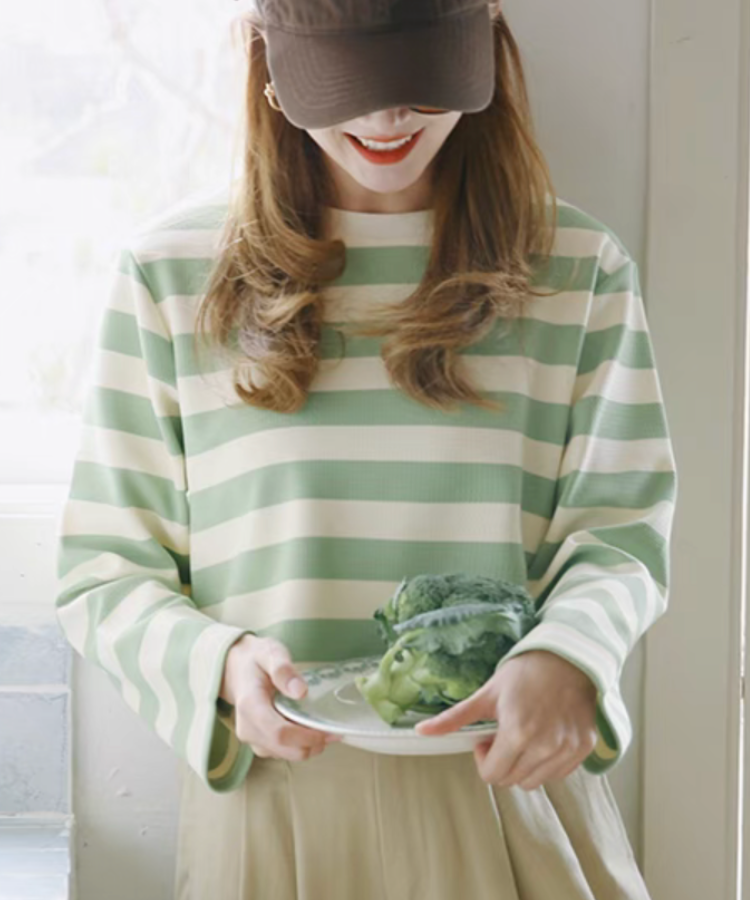 ラウンドネックワイドボーダーショートトップス