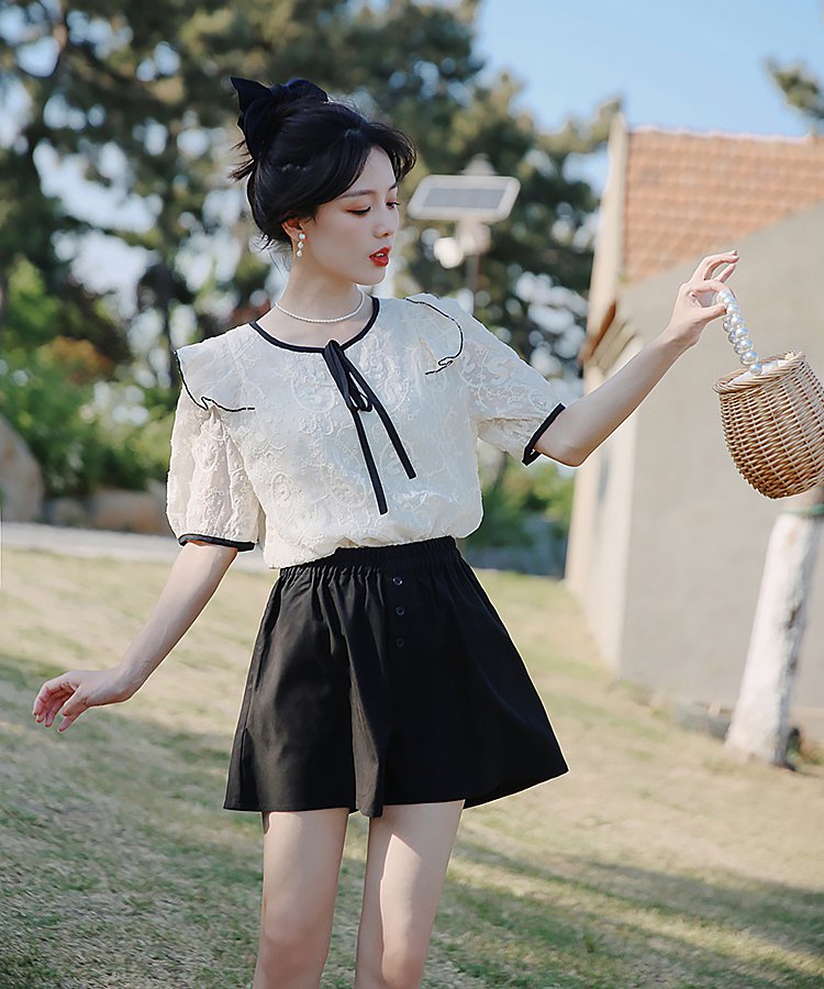 フロントリボンショルダーフリルレースシアートップス 3