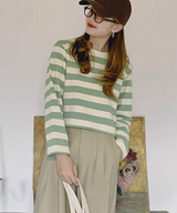 ラウンドネックワイドボーダーショートトップス