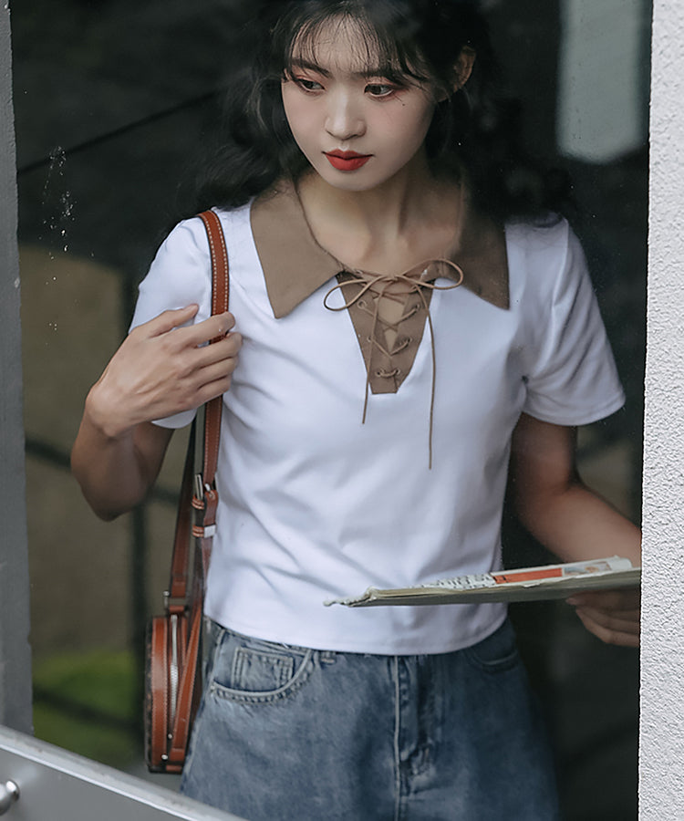 レースアップバイカラーカジュアルシャツ 4