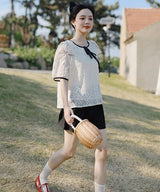 フロントリボンショルダーフリルレースシアートップス 4