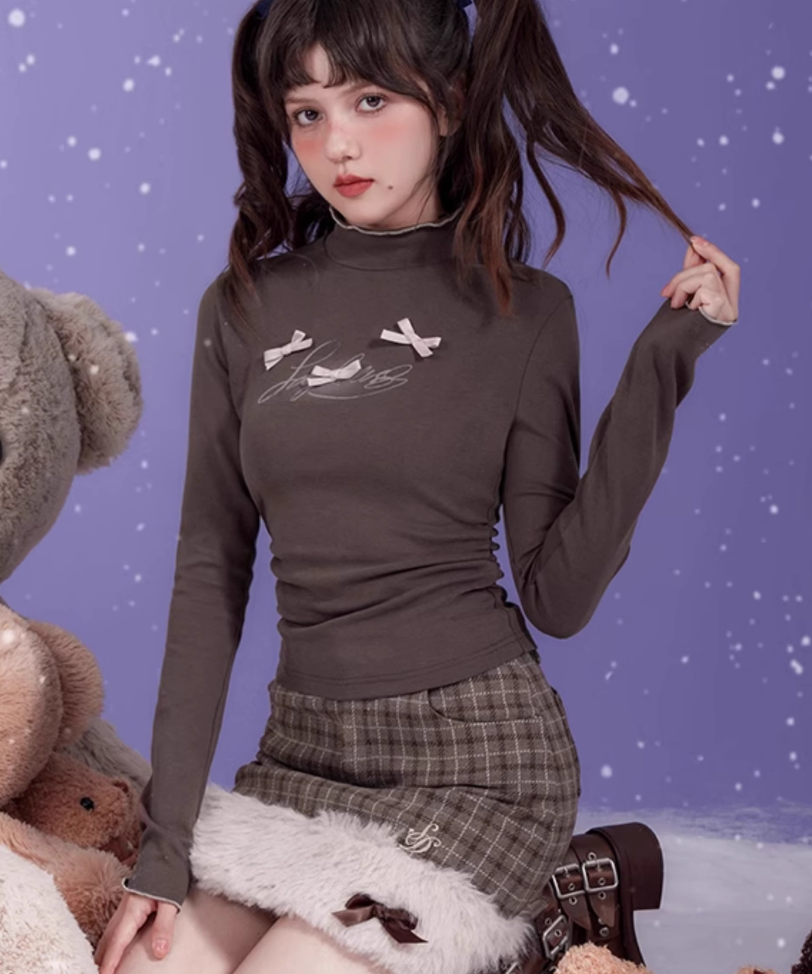 ハーフネックスリムリボントップス