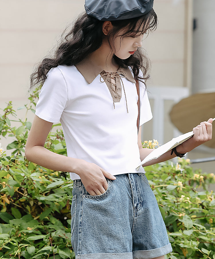 レースアップバイカラーカジュアルシャツ 6