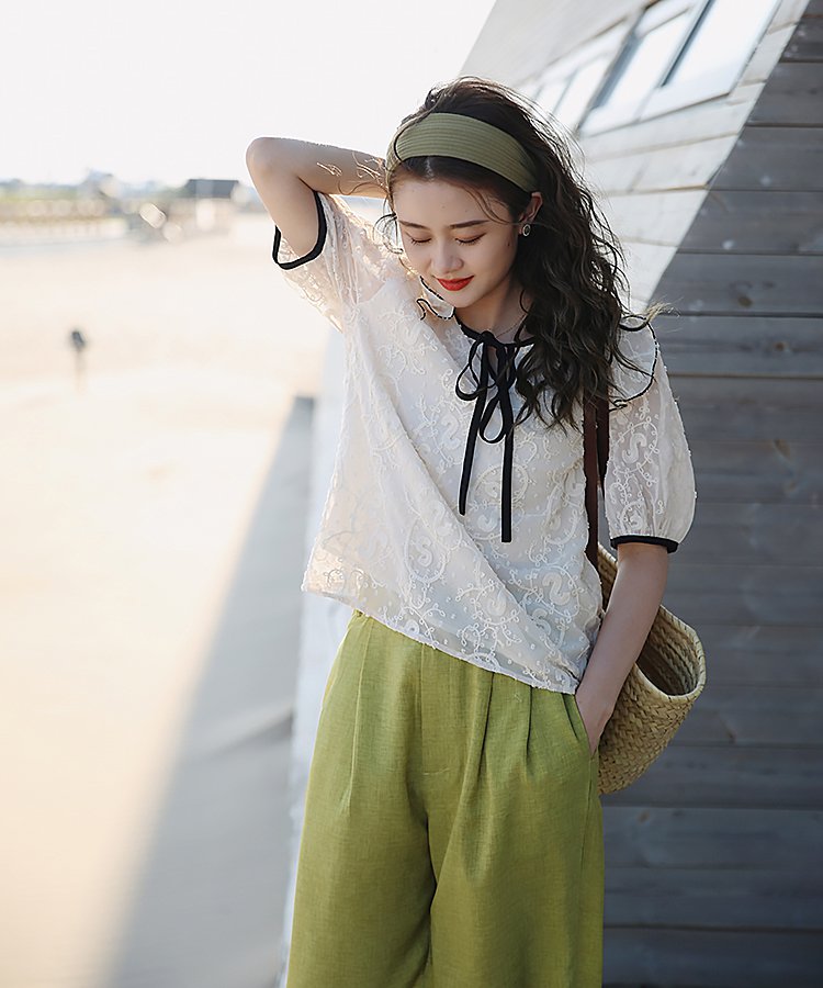 フロントリボンショルダーフリルレースシアートップス 6