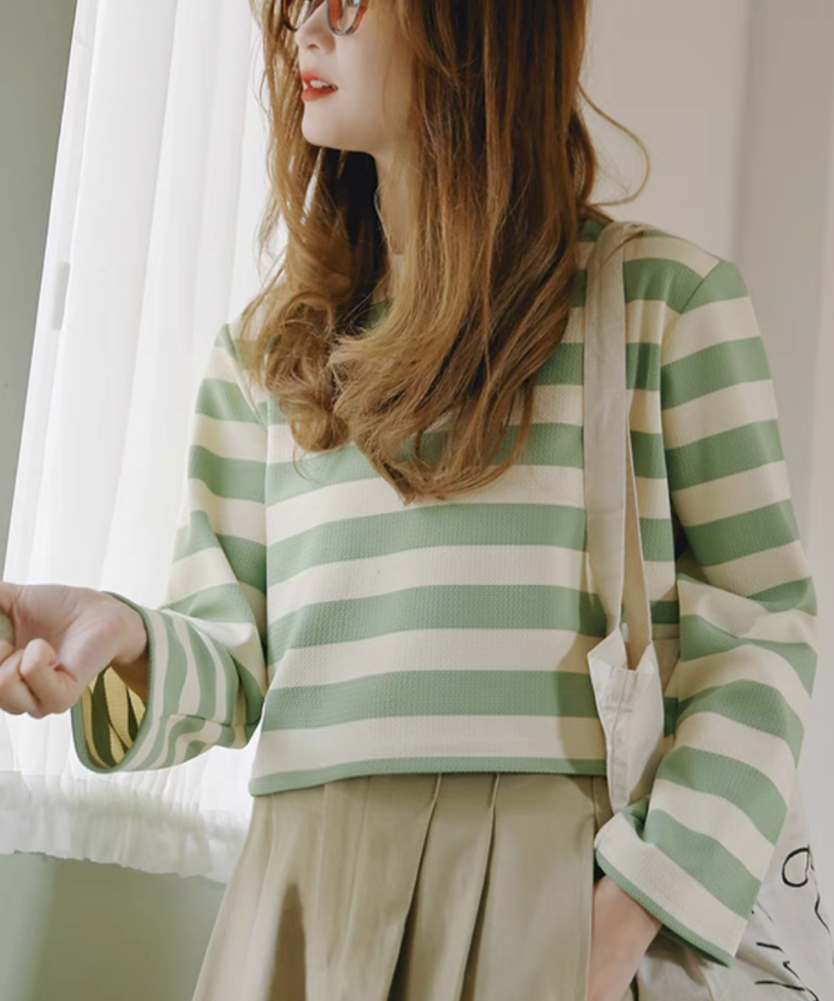 ラウンドネックワイドボーダーショートトップス