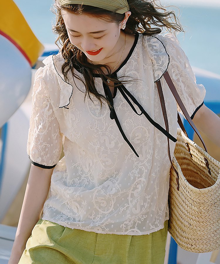 フロントリボンショルダーフリルレースシアートップス 7