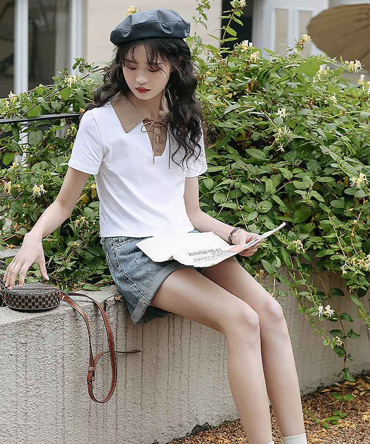 レースアップバイカラーカジュアルシャツ 7