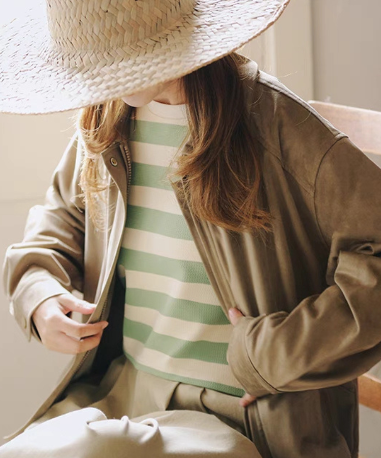 ラウンドネックワイドボーダーショートトップス