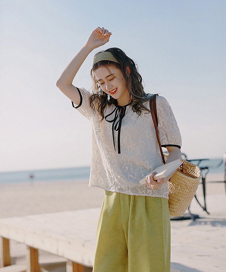 フロントリボンショルダーフリルレースシアートップス 9