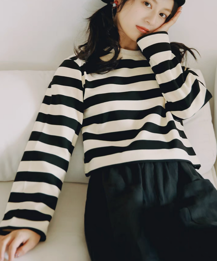 ラウンドネックワイドボーダーショートトップス