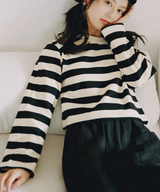 ラウンドネックワイドボーダーショートトップス