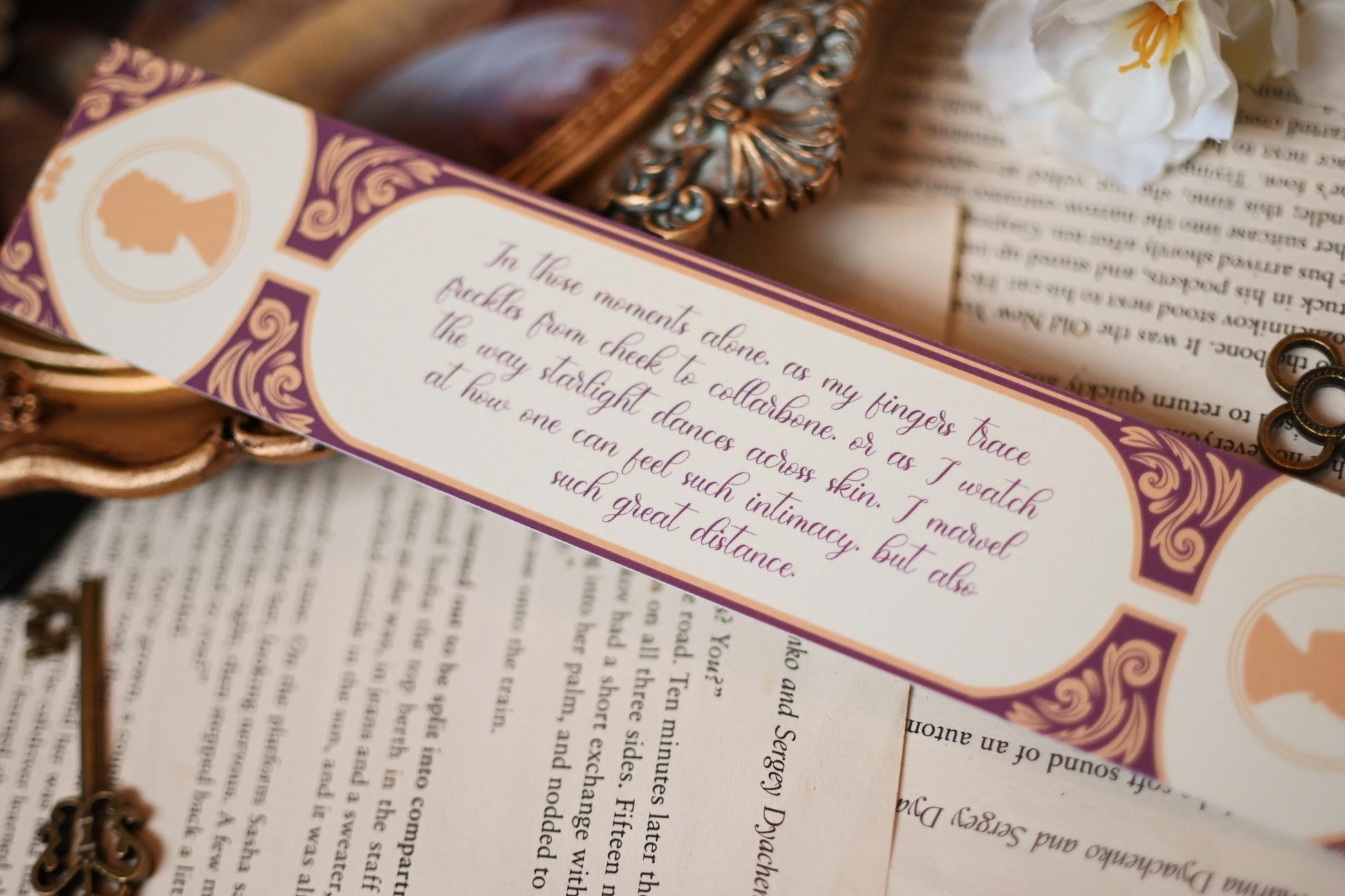 No One Designs bridgerton-nspired bookmark design showcases the reverse side of the bookmark featuring a quote from the Bridgerton books. 