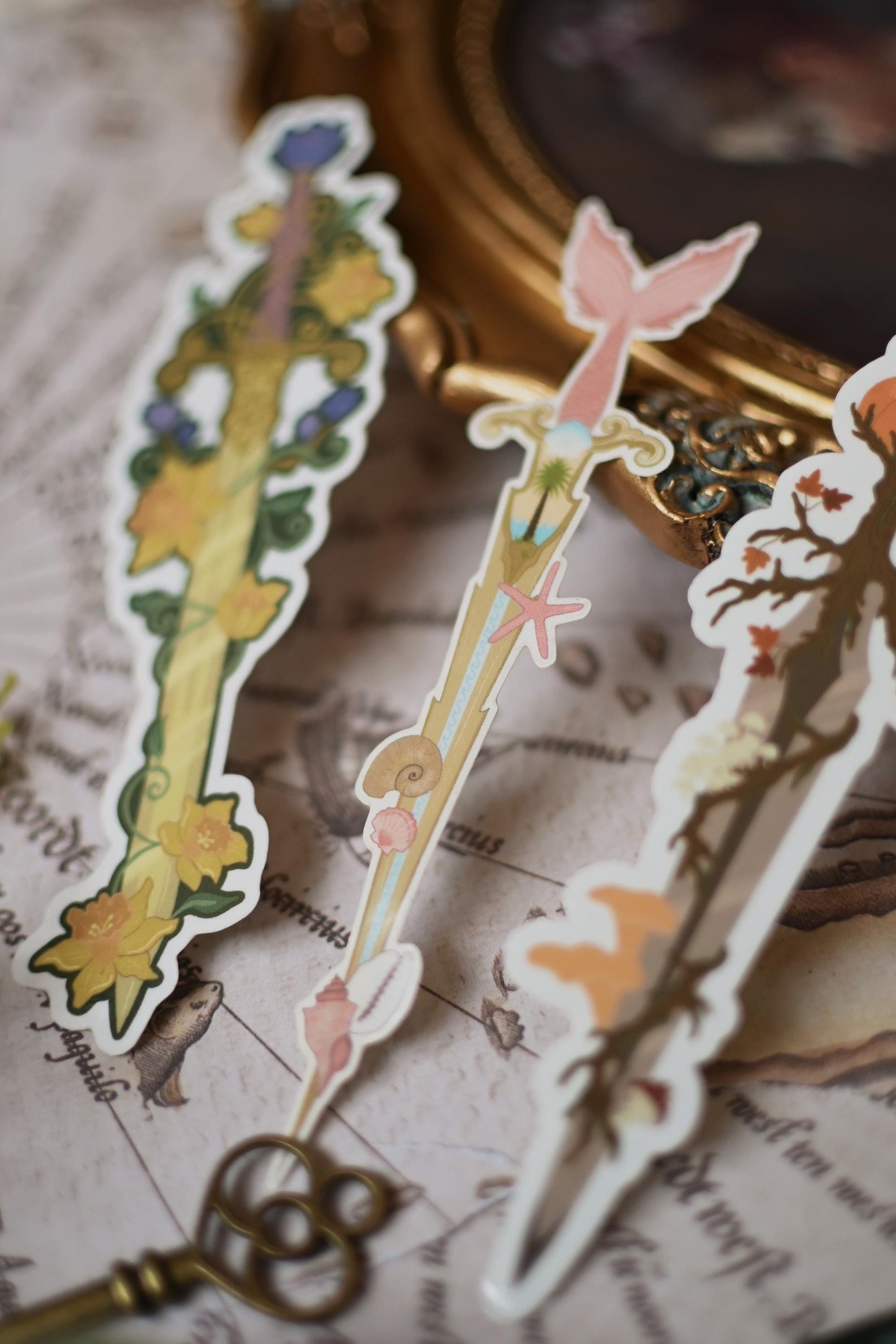 Close up of the Spring themed fantasy sword sticker. 