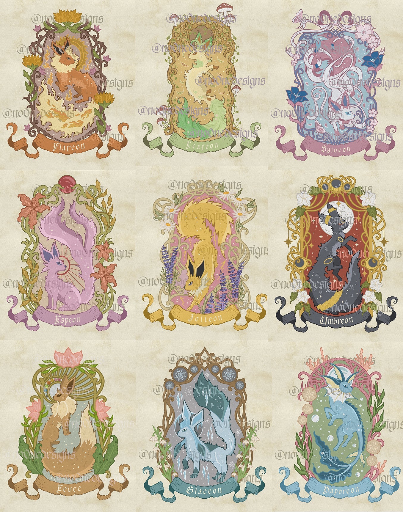 The image features all nine designs of the indiviudal fox print eevee insired foxes. Prints feature unique colouring and lettering and fox illustation to match the style of each eeveelution. 